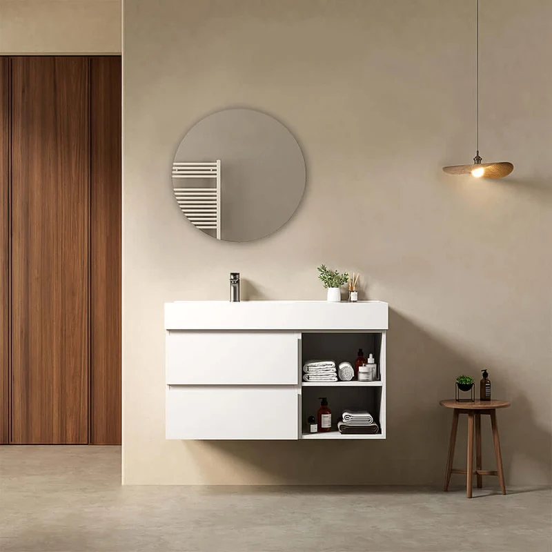 Mobile bagno sospeso 100 cm Bianco Lavabo a Sinistra in Resina Specchio Tondo - Fiji Paint Plus