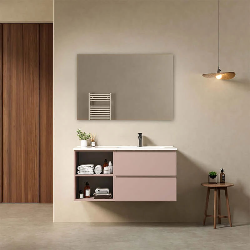 Mobile bagno sospeso 100 cm Rosa Retro Lavabo a Destra in Ceramica Specchio Quadro - Fiji Paint Plus
