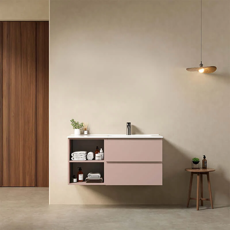 Mobile bagno sospeso 100 cm Rosa Retro Lavabo a Destra in Ceramica Senza Specchio - Fiji Paint Plus