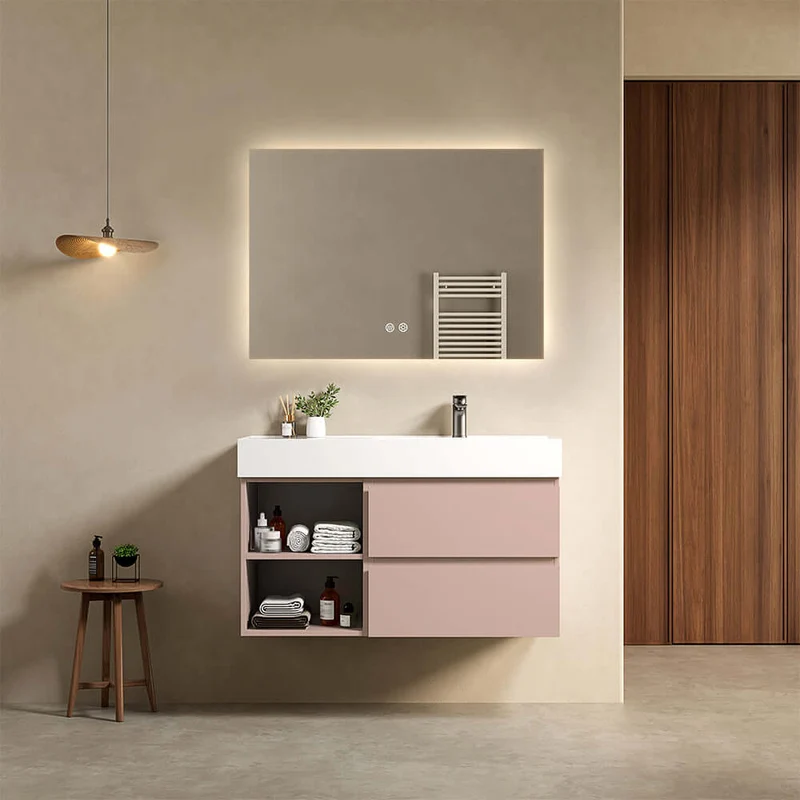 Mobile bagno sospeso 100 cm Rosa Retro Lavabo a Destra in Resina Specchio Quadro Retroilluminato - Fiji Paint Plus