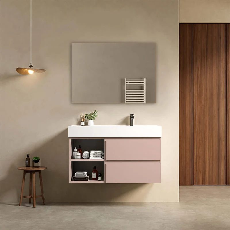 Mobile bagno sospeso 100 cm Rosa Retro Lavabo a Destra in Resina Specchio Quadro - Fiji Paint Plus