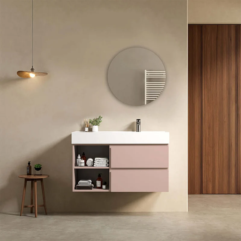 Mobile bagno sospeso 100 cm Rosa Retro Lavabo a Destra in Resina Specchio Tondo - Fiji Paint Plus