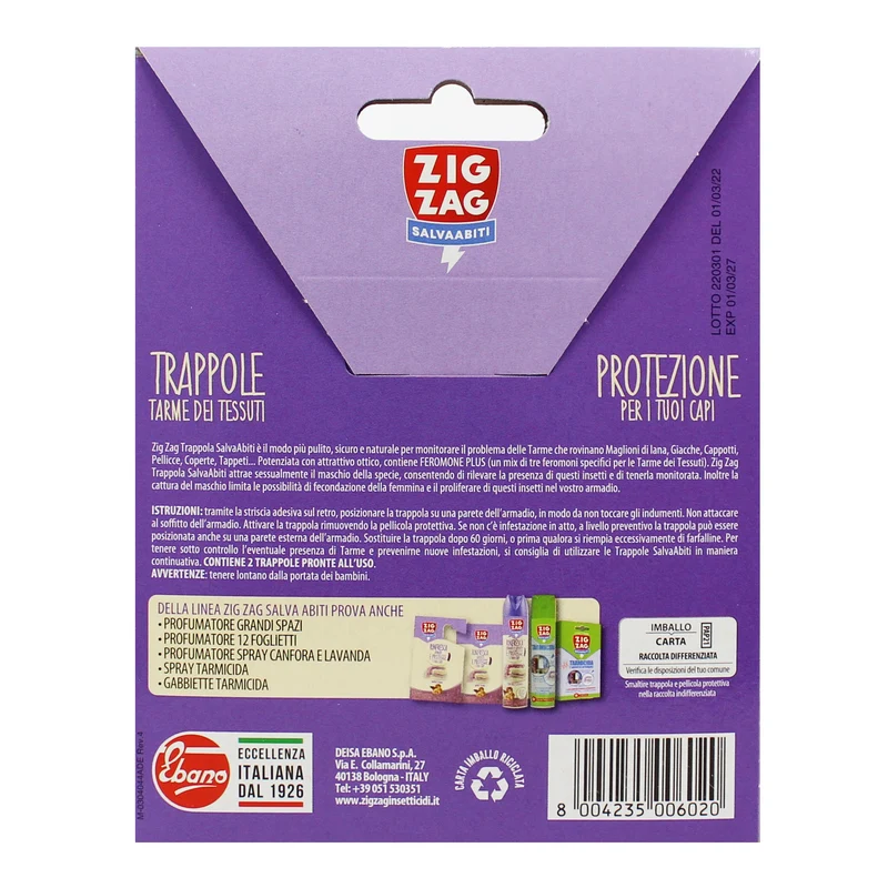 Zig-Zag Trappole Tarme Tessuti Salvaabiti 2 Fogli Ades – Cartone 12 pz