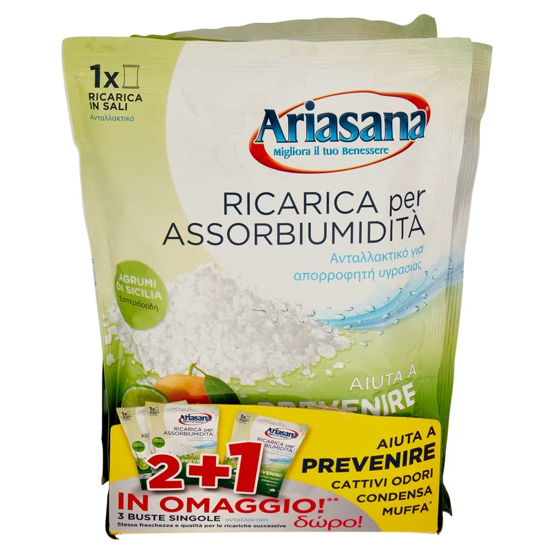 Ariasana Ricarica Cristalli 450 g — Assorbi Umidità 2+1 · Cartone da 8 confezioni