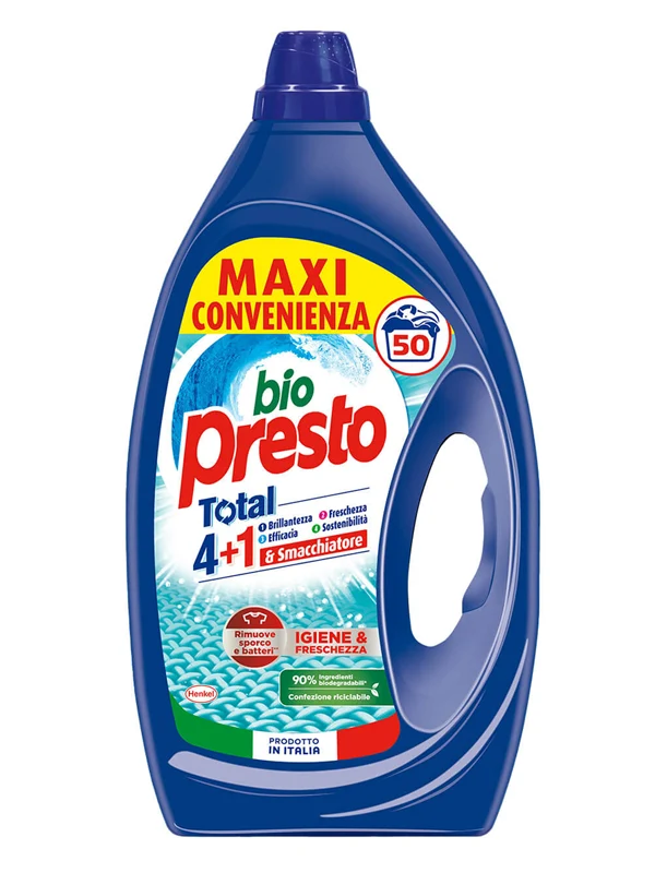 Bio Presto 50 Lavaggi — Detersivo Bucato Liquido · Cartone da 4 confezioni