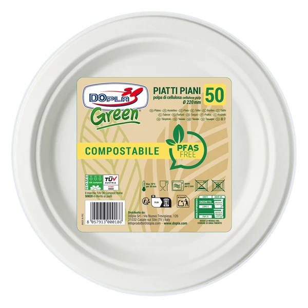 DOPLA - 07902 - Piatto piano monouso - rotondo - diametro 22 cm - cellulosa - bianco - Dopla Green - conf. 50 pezzi - 104424 - Conf. da 1 Pz.