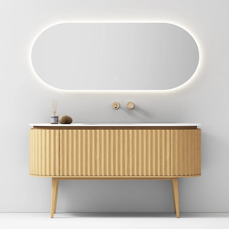 Mobile Bagno A Terra 140 cm Rovere Chiaro Specchio Ovale Retroilluminato - Reid