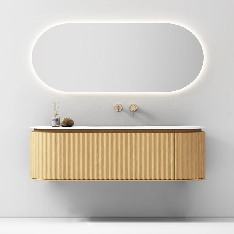 Mobile Bagno Sospeso 140 cm Rovere Chiaro Specchio Ovale Retroilluminato - Reid