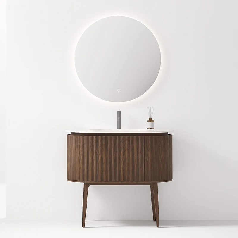 Mobile Bagno 100 cm A Terra Rovere Scuro Specchio Tondo Retroilluminato - Reid