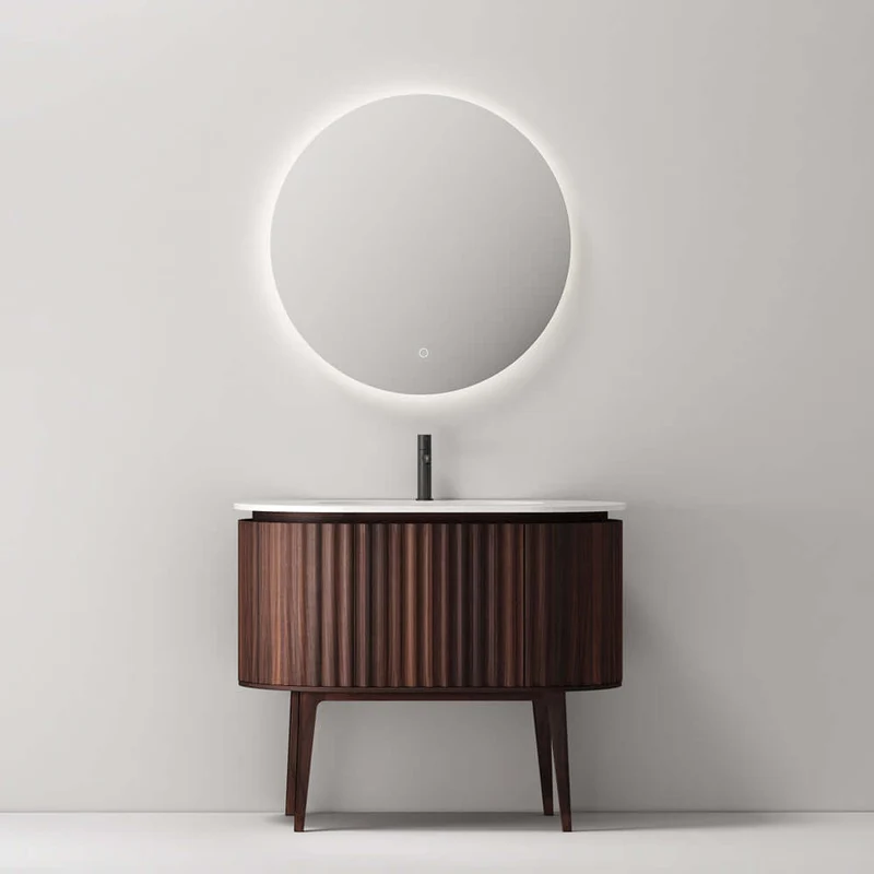 Mobile Bagno 100 cm A Terra Noce Scuro Specchio Tondo Retroilluminato - Reid