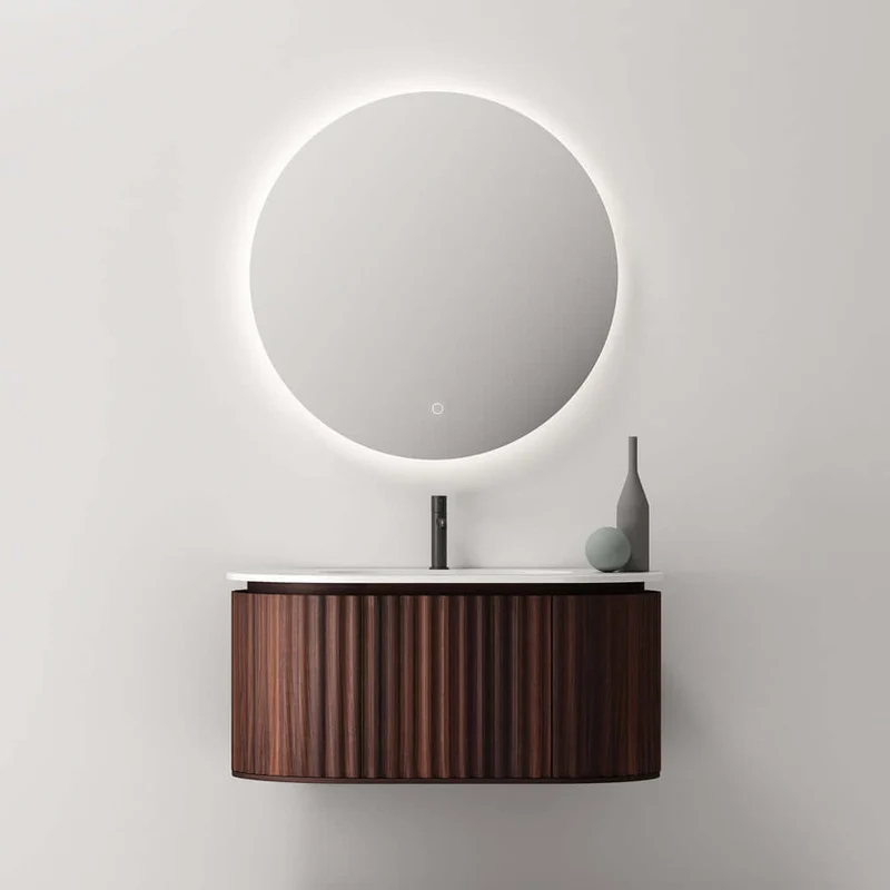 Mobile Bagno 100 cm Sospeso Noce Scuro Specchio Tondo Retroilluminato - Reid