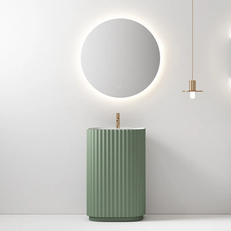 Lavabo Freestanding Reid 50 cm Verde Salvia Specchio Tondo Retroilluminato - Meda