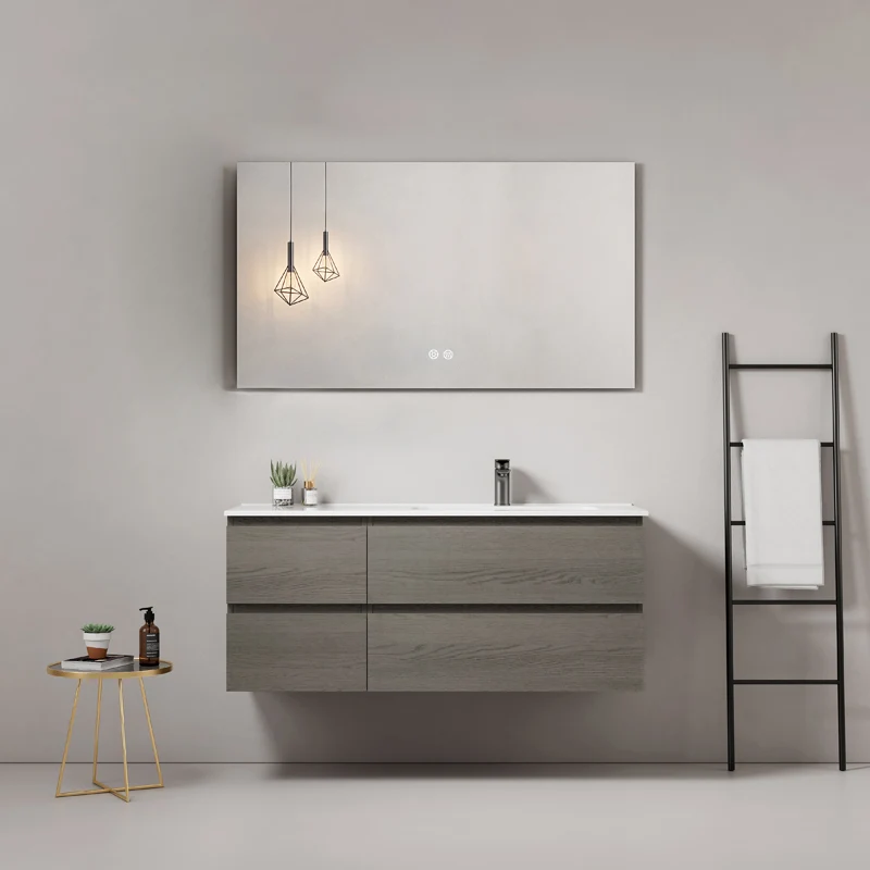 Mobile bagno sospeso 140 cm Grey Lavabo a Sinistra in Resina Specchio Quadro - Fiji Wood