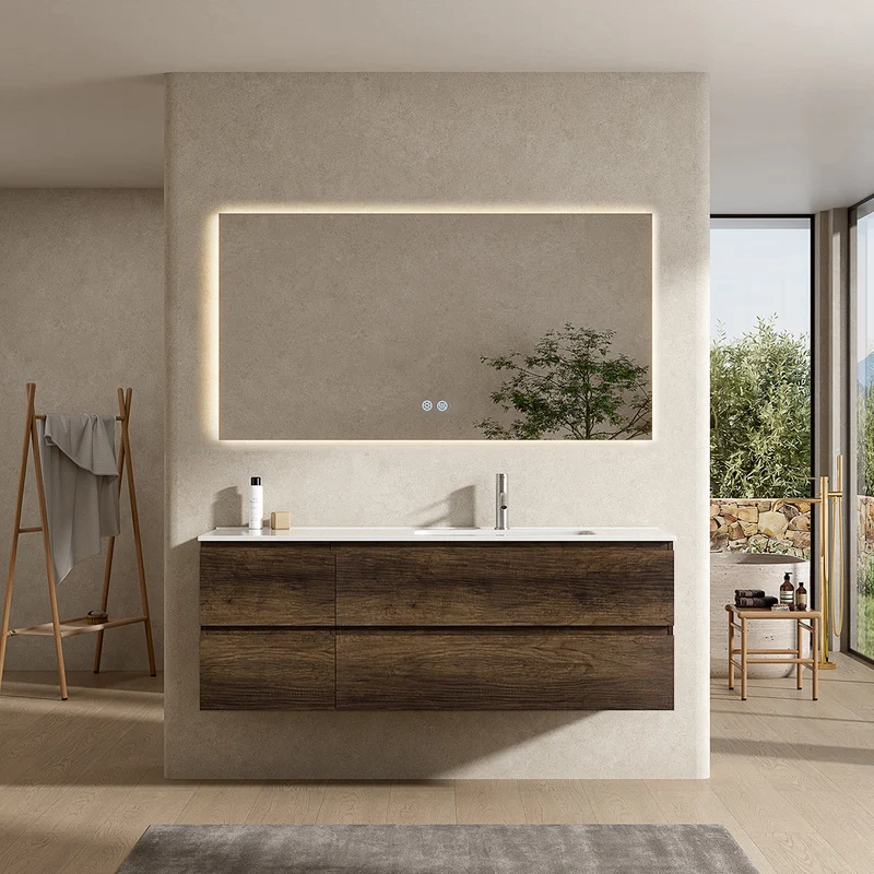 Mobile bagno sospeso 140 cm Bruno Scuro Lavabo a Destra in Resina Specchio Quadro Retroilluminato - Fiji Wood