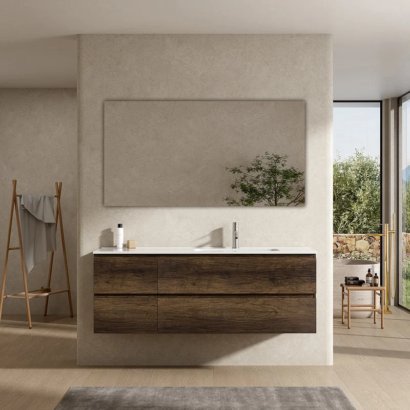 Mobile bagno sospeso 140 cm Bruno Scuro Lavabo a Destra in Resina Specchio Quadro - Fiji Wood