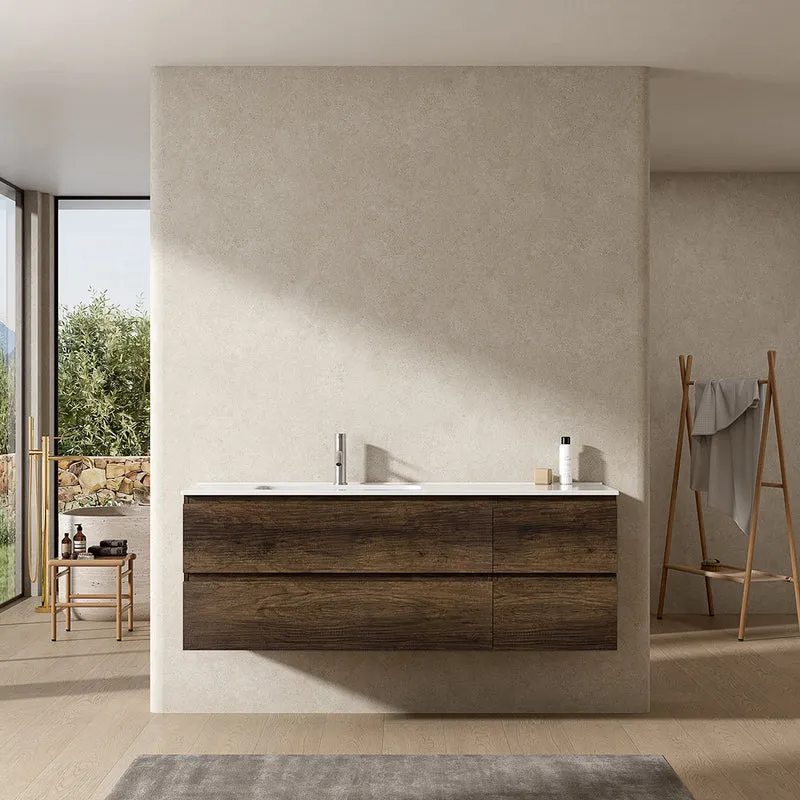 Mobile bagno sospeso 140 cm Bruno Scuro Lavabo a Sinistra in Resina Senza Specchio - Fiji Wood
