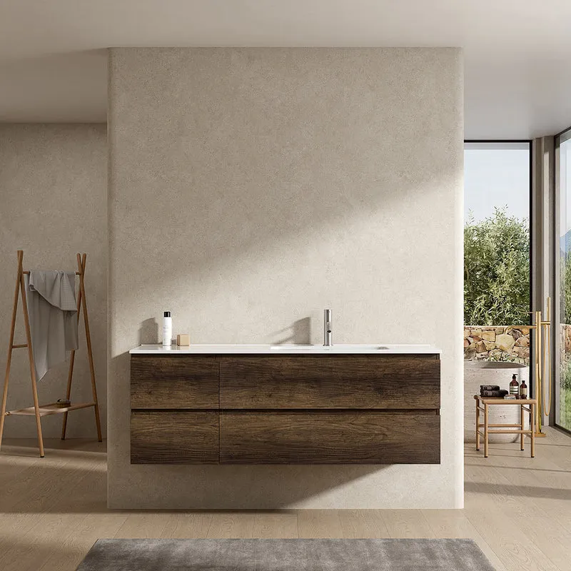 Mobile bagno sospeso 140 cm Bruno Scuro Lavabo a Destra in Resina Senza Specchio - Fiji Wood