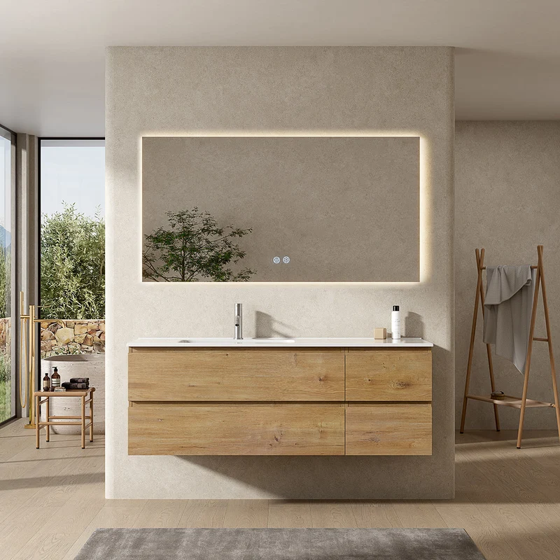 Mobile bagno sospeso 140 cm Bruno Medio Lavabo a Sinistra in Resina Specchio Quadro Retroilluminato - Fiji Wood