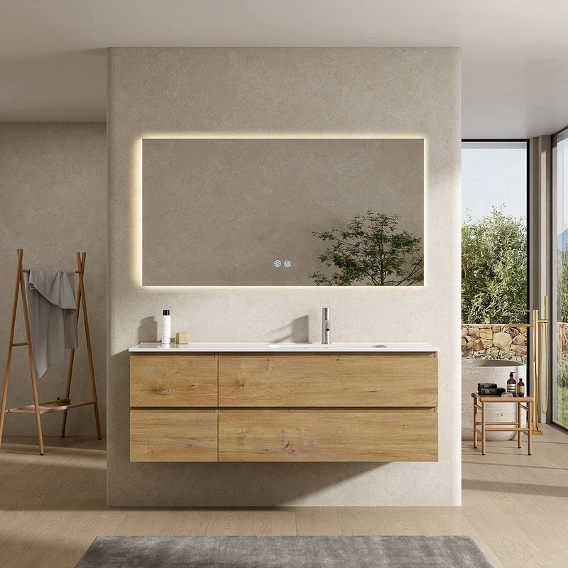 Mobile bagno sospeso 140 cm Bruno Medio Lavabo a Destra in Resina Specchio Quadro Retroilluminato - Fiji Wood