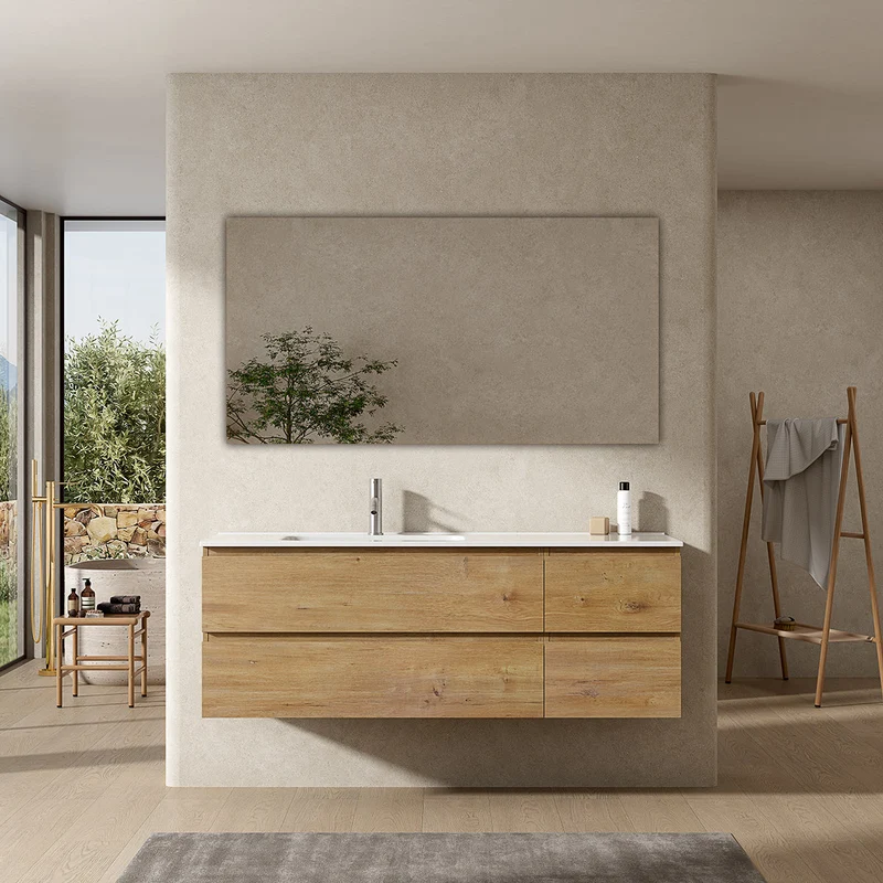 Mobile bagno sospeso 140 cm Bruno Medio Lavabo a Sinistra in Resina Specchio Quadro - Fiji Wood