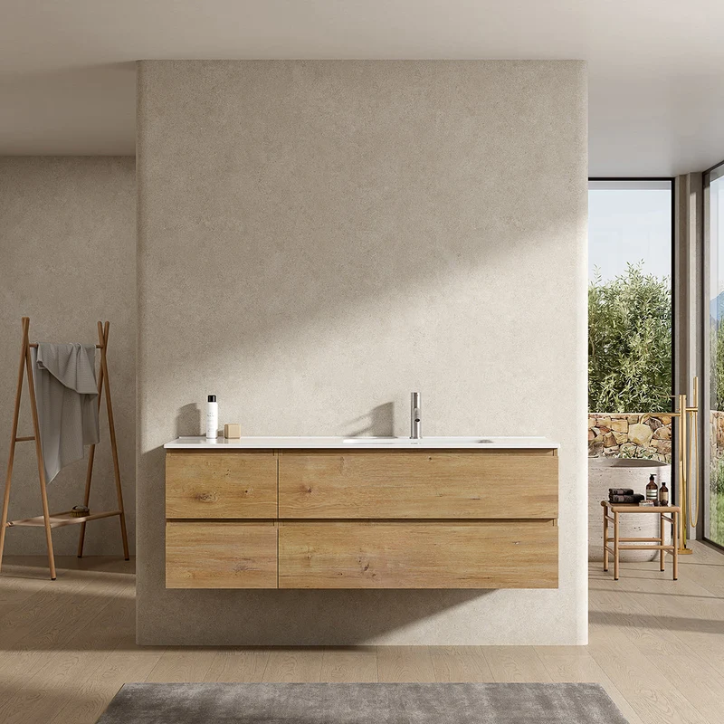 Mobile bagno sospeso 140 cm Bruno Medio Lavabo a Destra in Resina Senza Specchio - Fiji Wood