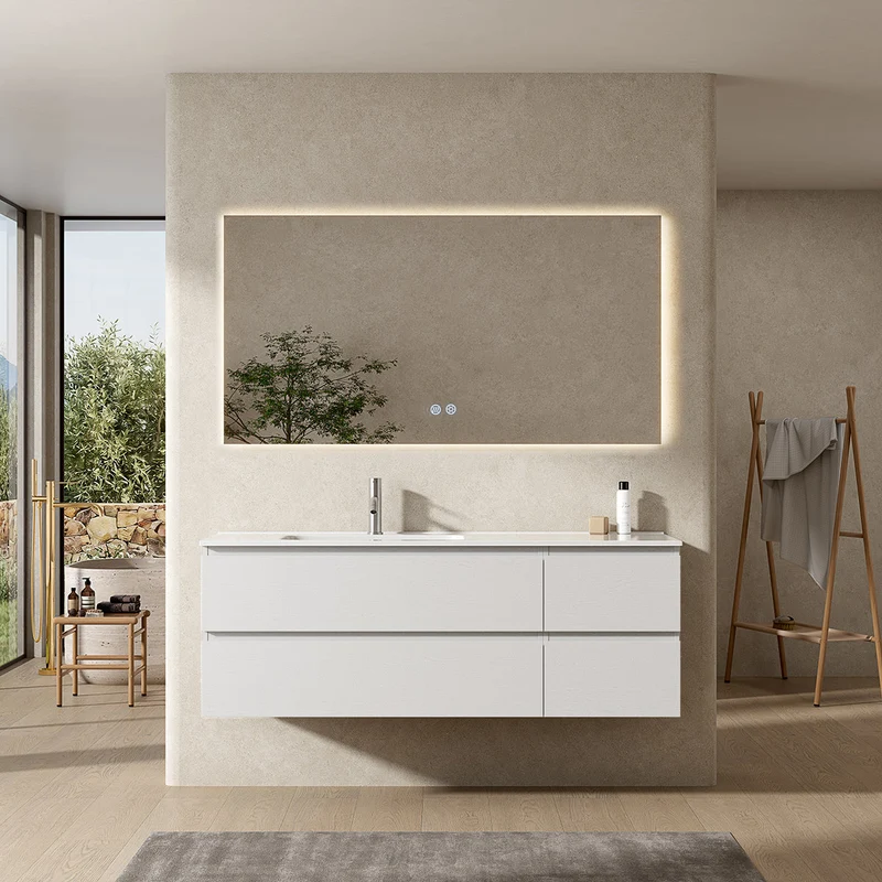 Mobile bagno sospeso 140 cm Bianco Lavabo a Sinistra in Resina Specchio Quadro Retroilluminato - Fiji Wood