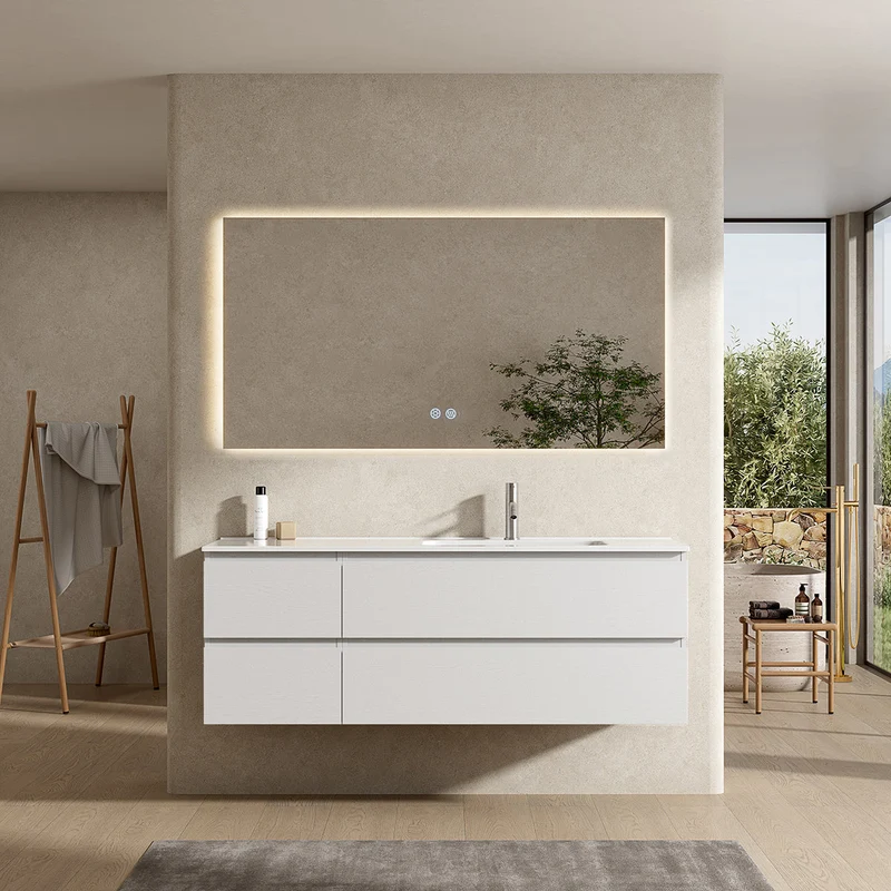 Mobile bagno sospeso 140 cm Bianco Lavabo a Destra in Resina Specchio Quadro Retroilluminato - Fiji Wood