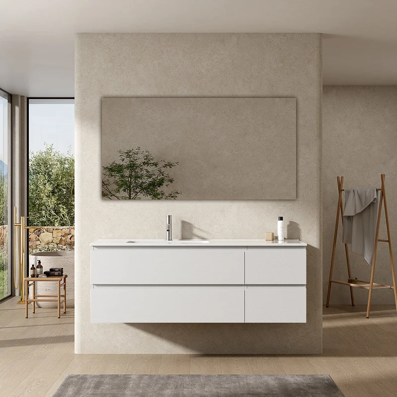 Mobile bagno sospeso 140 cm Bianco Lavabo a Sinistra in Resina Specchio Quadro - Fiji Wood