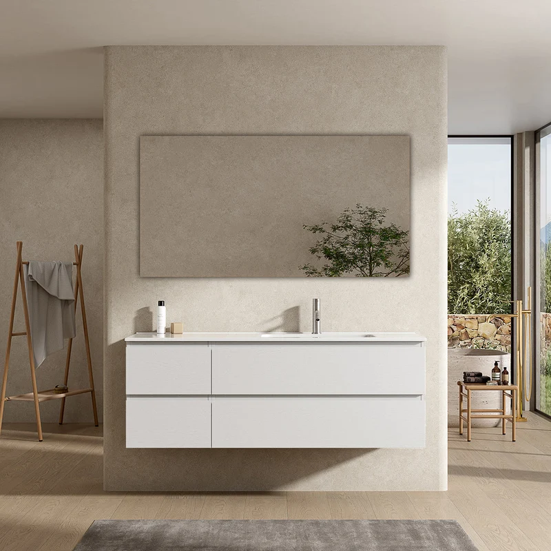 Mobile bagno sospeso 140 cm Bianco Lavabo a Destra in Resina Specchio Quadro - Fiji Wood