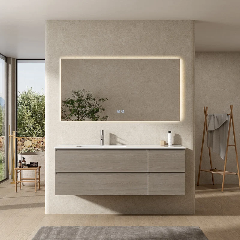 Mobile bagno sospeso 140 cm Beige Lavabo a Sinistra in Resina Specchio Quadro Retroilluminato - Fiji Wood