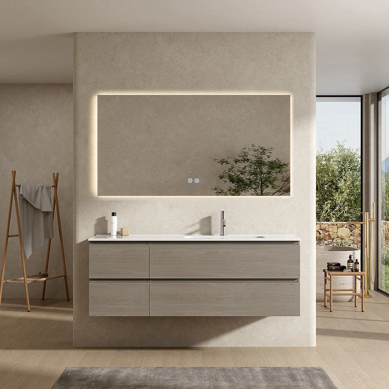Mobile bagno sospeso 140 cm Beige Lavabo a Destra in Resina Specchio Quadro Retroilluminato - Fiji Wood