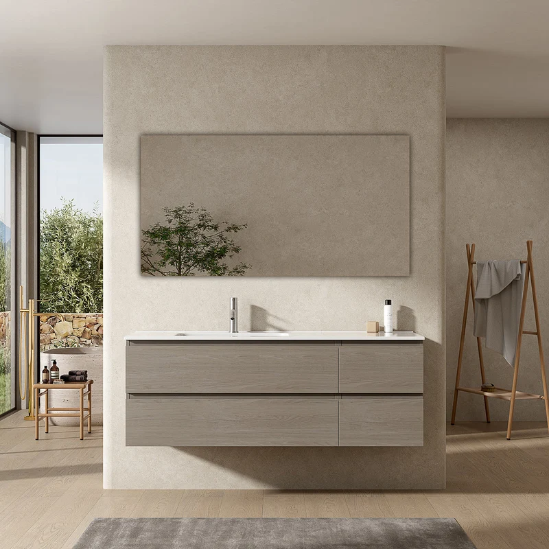 Mobile bagno sospeso 140 cm Beige Lavabo a Sinistra in Resina Specchio Quadro - Fiji Wood