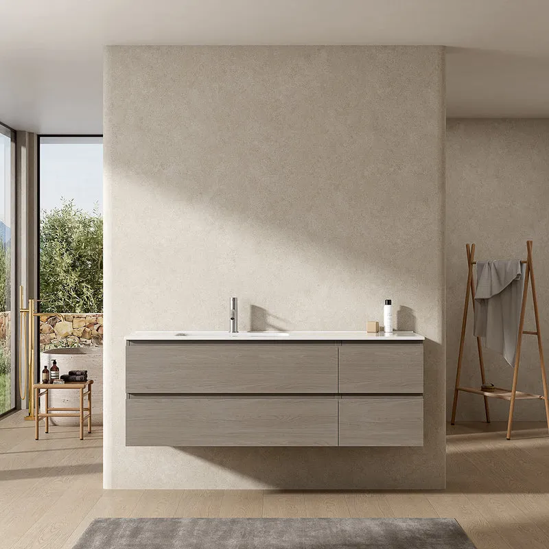 Mobile bagno sospeso 140 cm Beige Lavabo a Sinistra in Resina Senza Specchio - Fiji Wood