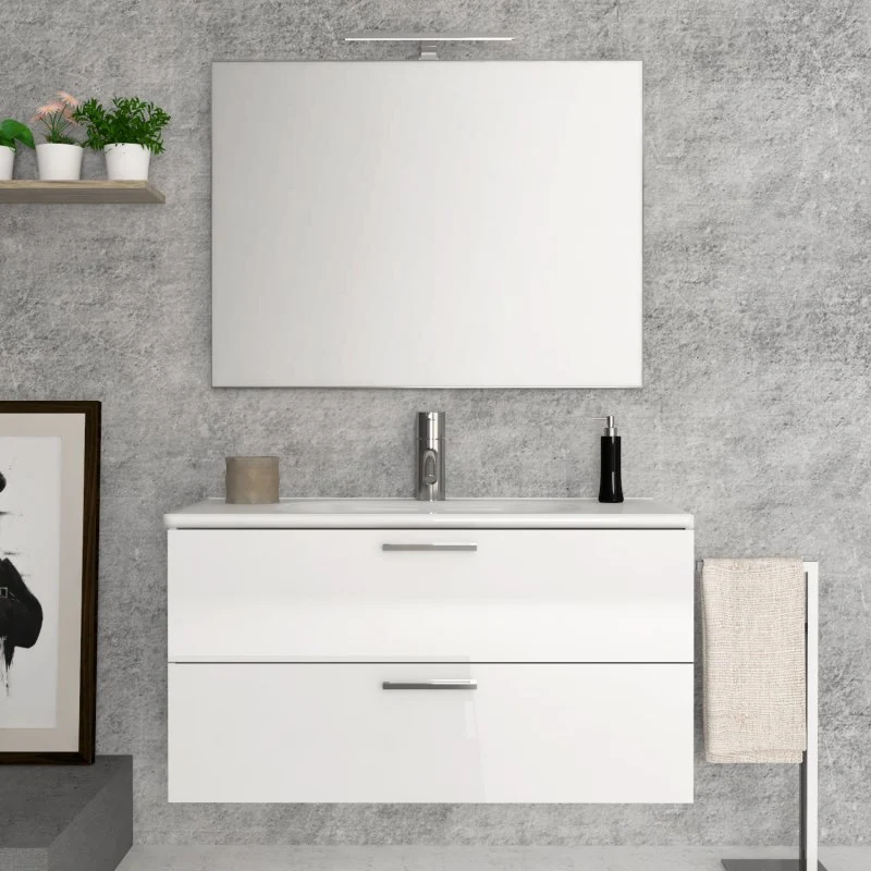 Mobile Bagno Sospeso 100 cm Bianco Lucido con Specchio con Lampada Led Alice - Savini