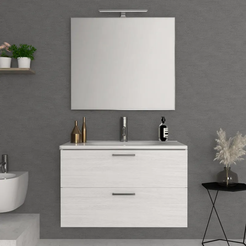 Mobile Bagno Sospeso 60 cm Quercia Bianca con Specchio con Lampada Led Alice - Savini
