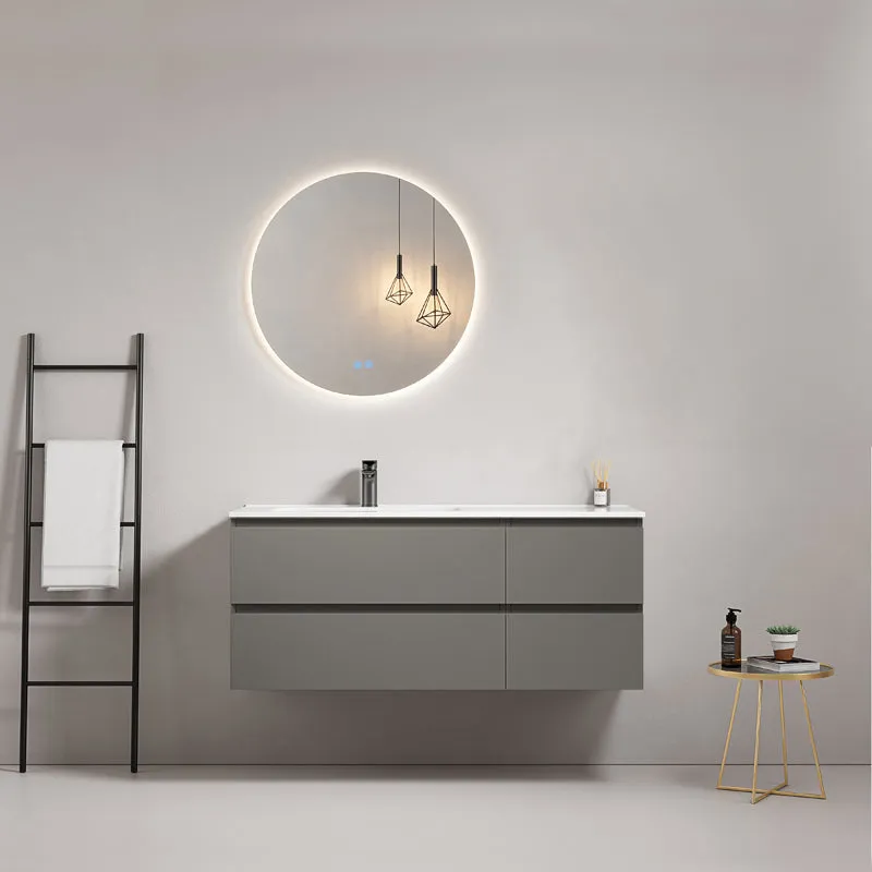 Mobile bagno sospeso 120 cm Grigio Londra Lavabo a Sinistra in Ceramica Specchio Tondo Retroilluminato - Fiji Paint