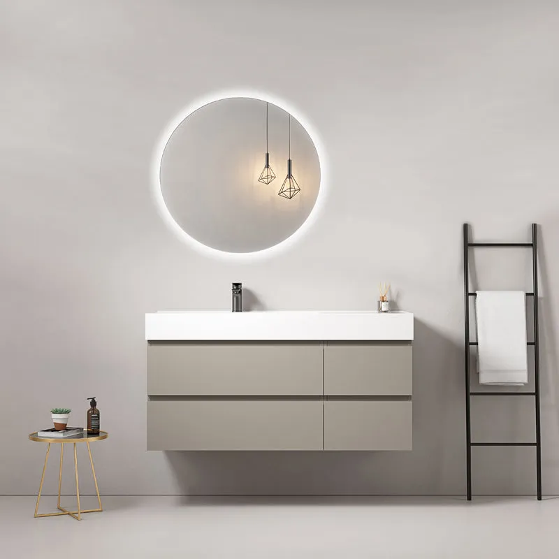 Mobile bagno sospeso 120 cm Grigio Cenere Lavabo a Sinistra in Resina Specchio Tondo Retroilluminato - Fiji Paint
