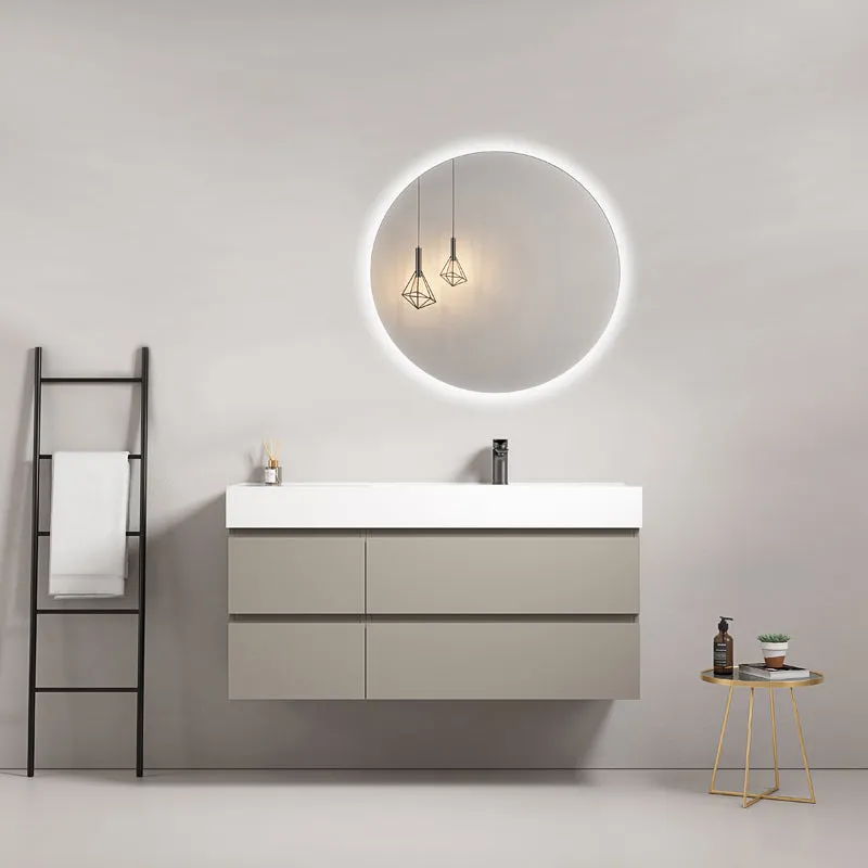 Mobile bagno sospeso 120 cm Grigio Cenere Lavabo a Destra in Resina Specchio Tondo Retroilluminato - Fiji Paint