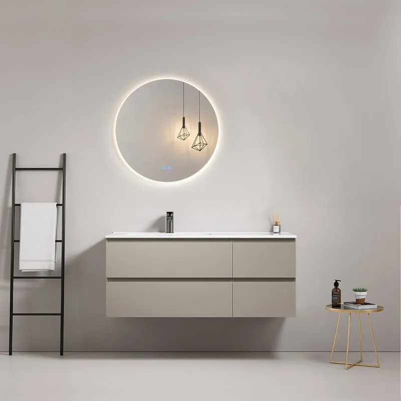 Mobile bagno sospeso 120 cm Grigio Cenere Lavabo a Sinistra in Ceramica Specchio Tondo Retroilluminato - Fiji Paint