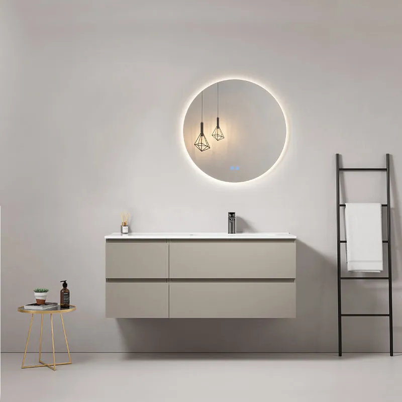 Mobile bagno sospeso 120 cm Grigio Cenere Lavabo a Destra in Ceramica Specchio Tondo Retroilluminato - Fiji Paint