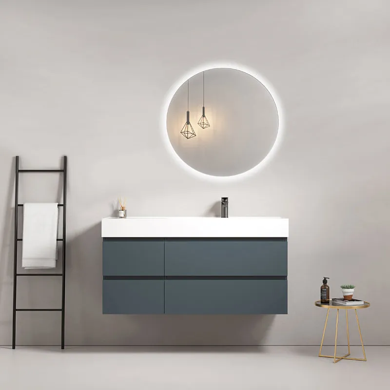 Mobile bagno sospeso 120 cm Blu Mare Lavabo a Destra in Resina Specchio Tondo Retroilluminato - Fiji Paint