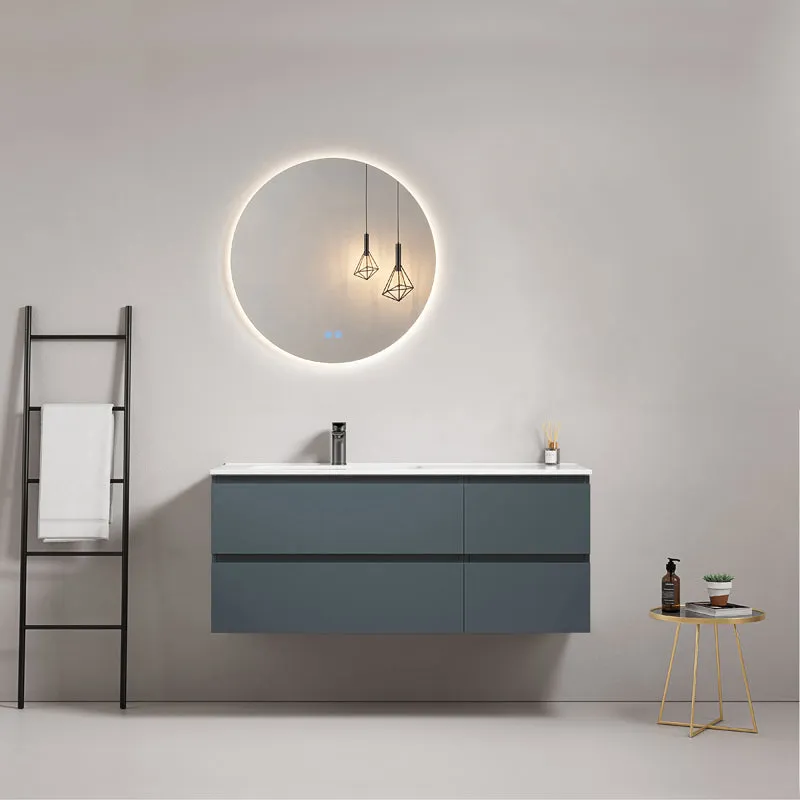 Mobile bagno sospeso 120 cm Blu Mare Lavabo a Sinistra in Ceramica Specchio Tondo Retroilluminato - Fiji Paint