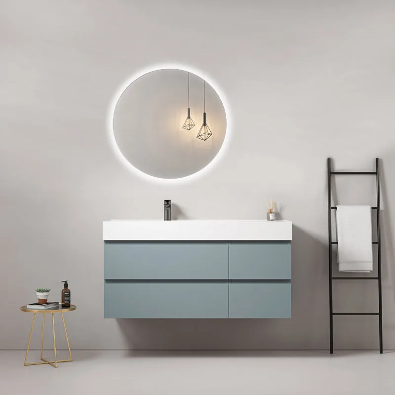 Mobile bagno sospeso 120 cm Blu Avio Lavabo a Sinistra in Resina Specchio Tondo Retroilluminato - Fiji Paint