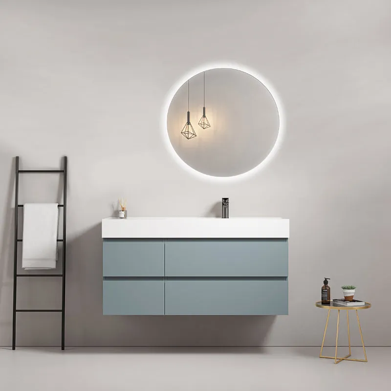 Mobile bagno sospeso 120 cm Blu Avio Lavabo a Destra in Resina Specchio Tondo Retroilluminato - Fiji Paint
