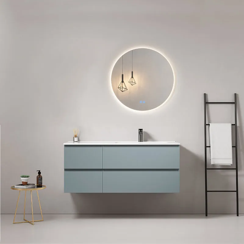 Mobile bagno sospeso 120 cm Blu Avio Lavabo a Destra in Ceramica Specchio Tondo Retroilluminato - Fiji Paint