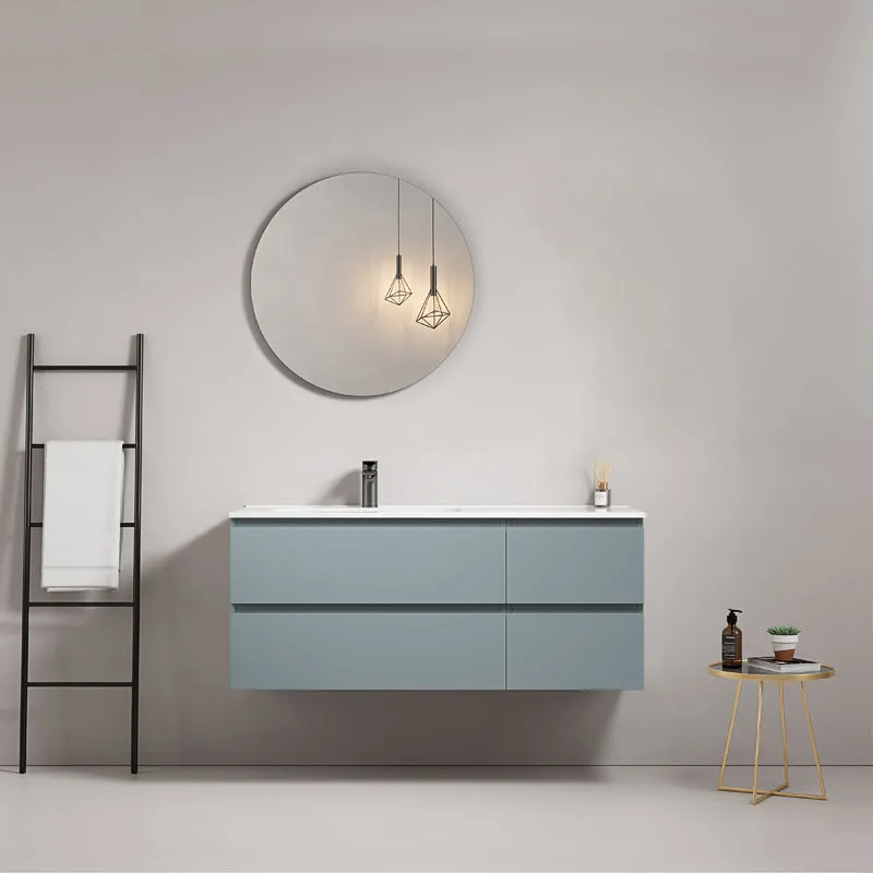 Mobile bagno sospeso 120 cm Blu Avio Lavabo a Sinistra in Ceramica Specchio Tondo - Fiji Paint