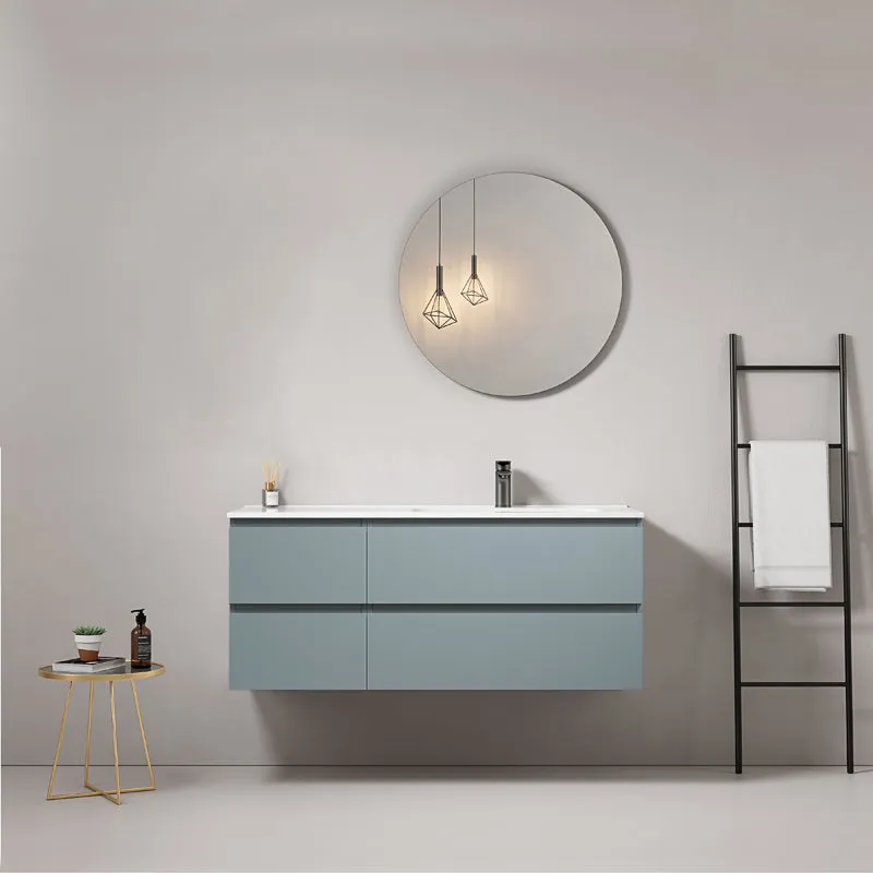 Mobile bagno sospeso 120 cm Blu Avio Lavabo a Destra in Ceramica Specchio Tondo - Fiji Paint