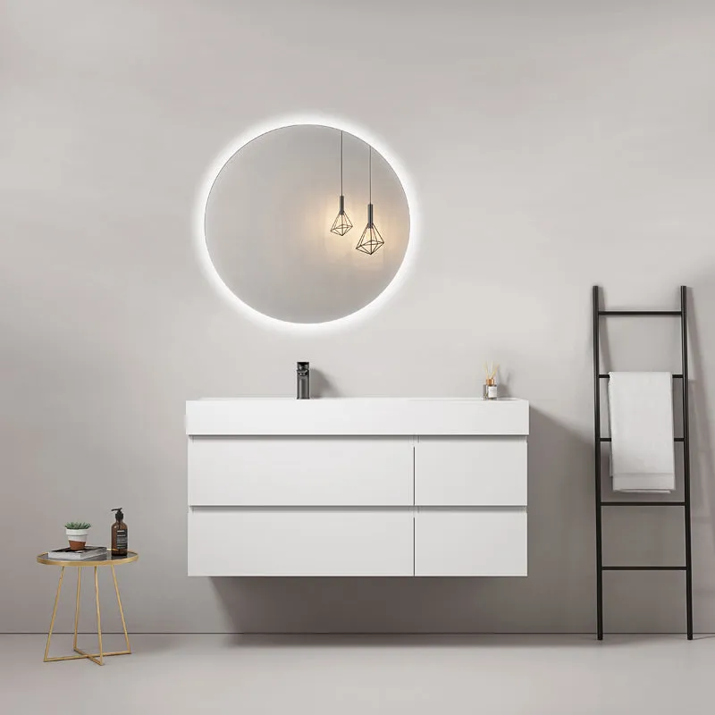 Mobile bagno sospeso 120 cm Bianco Lavabo a Sinistra in Resina Specchio Tondo Retroilluminato - Fiji Paint