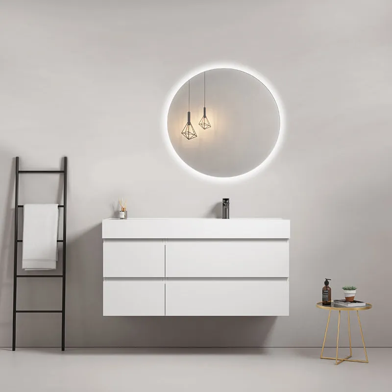 Mobile bagno sospeso 120 cm Bianco Lavabo a Destra in Resina Specchio Tondo Retroilluminato - Fiji Paint
