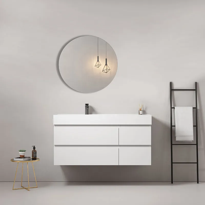 Mobile bagno sospeso 120 cm Bianco Lavabo a Sinistra in Resina Specchio Tondo - Fiji Paint